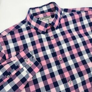 Express Pink Navy Gingham Fitted Button Up Shirt Mens Medium Modern Preppy Plaid